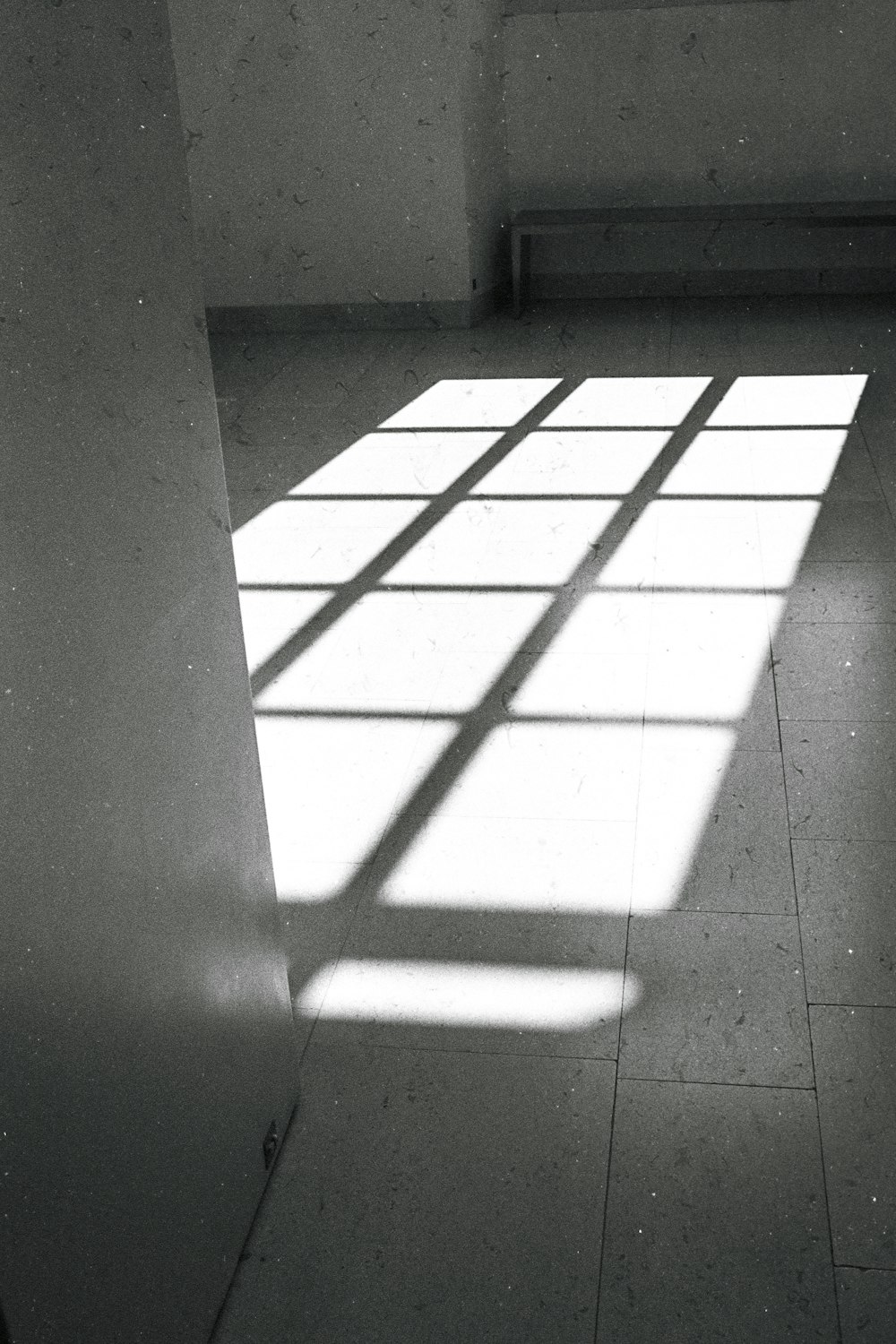 a black and white photo of a sunlit room