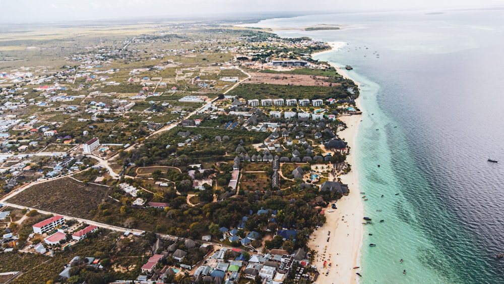 a bird's eye view of a beach and ocean