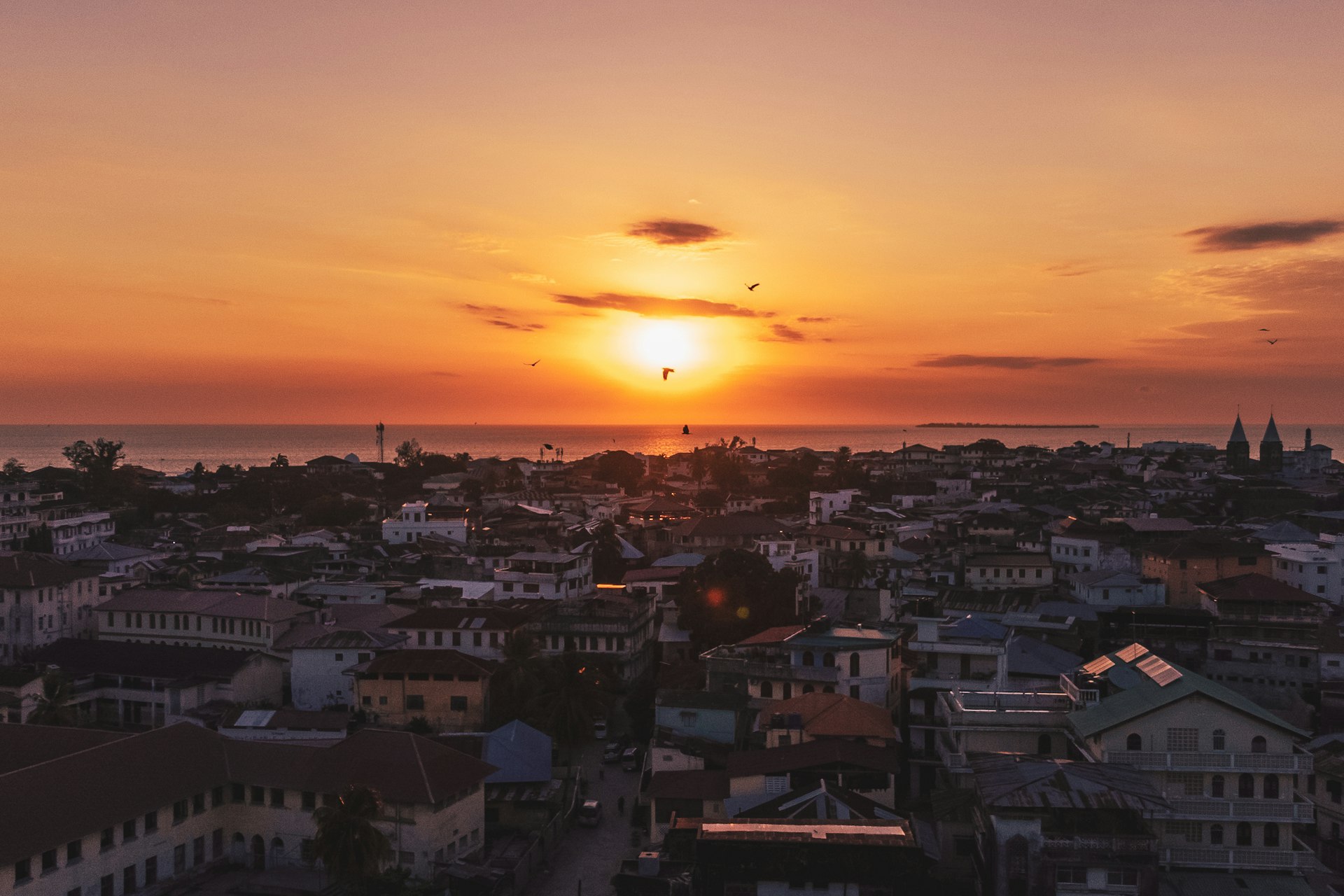 Drone view of Stone Town waterfront, Zanzibar