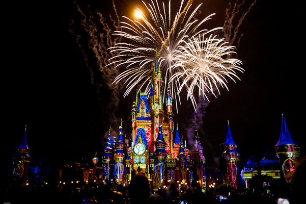 Castle illuminated with fireworks at night