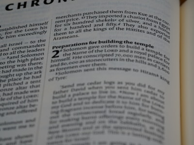 A page from a book with text related to biblical content, specifically mentioning Solomon and preparations for building a temple. The page includes a heading in bold and a section marked with the number 2. The text is in black font on a white background, with some parts highlighted in bold for emphasis.