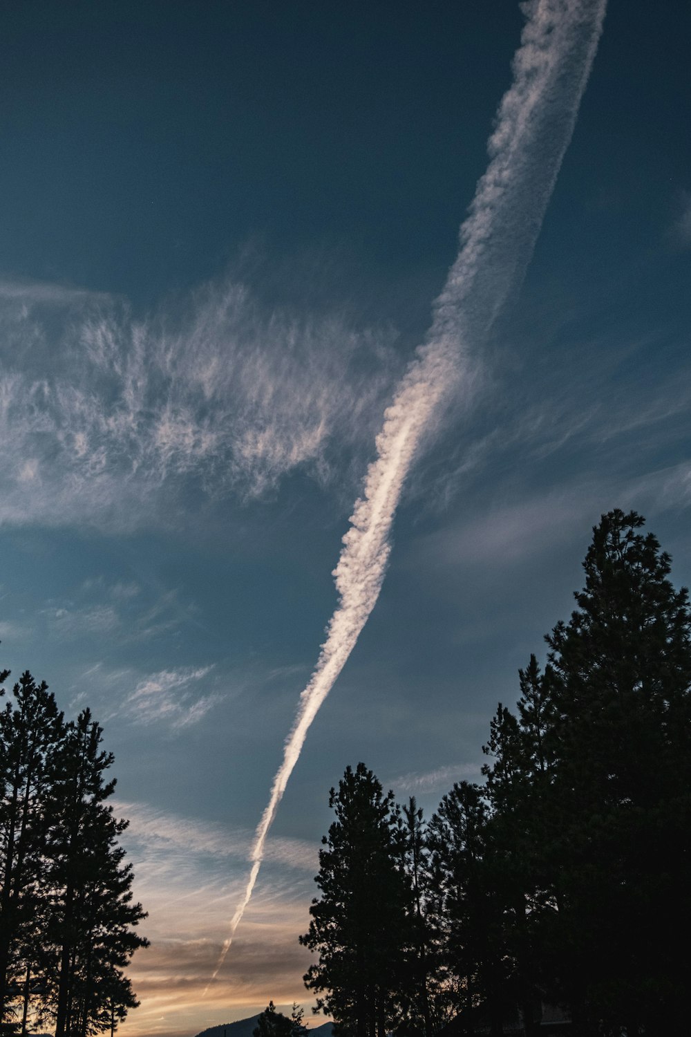 a contrail is seen in the sky above some trees