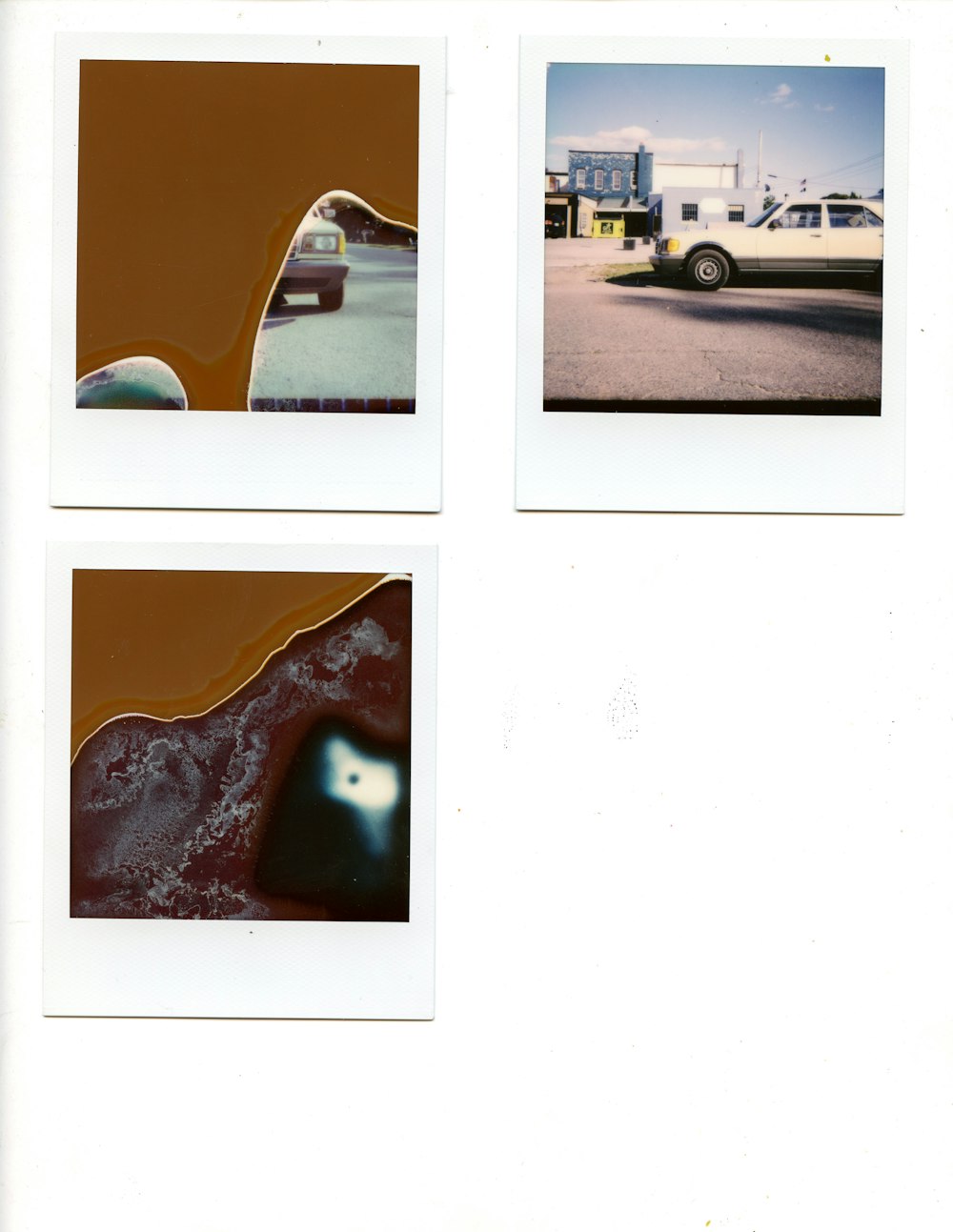 four polaroid photographs of a car and a building