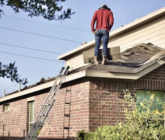 a man standing on the roof of a house