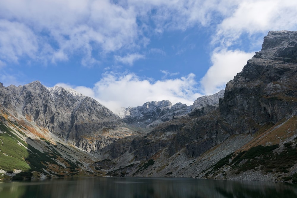 a lake surrounded by mountains under a cloudy blue sky