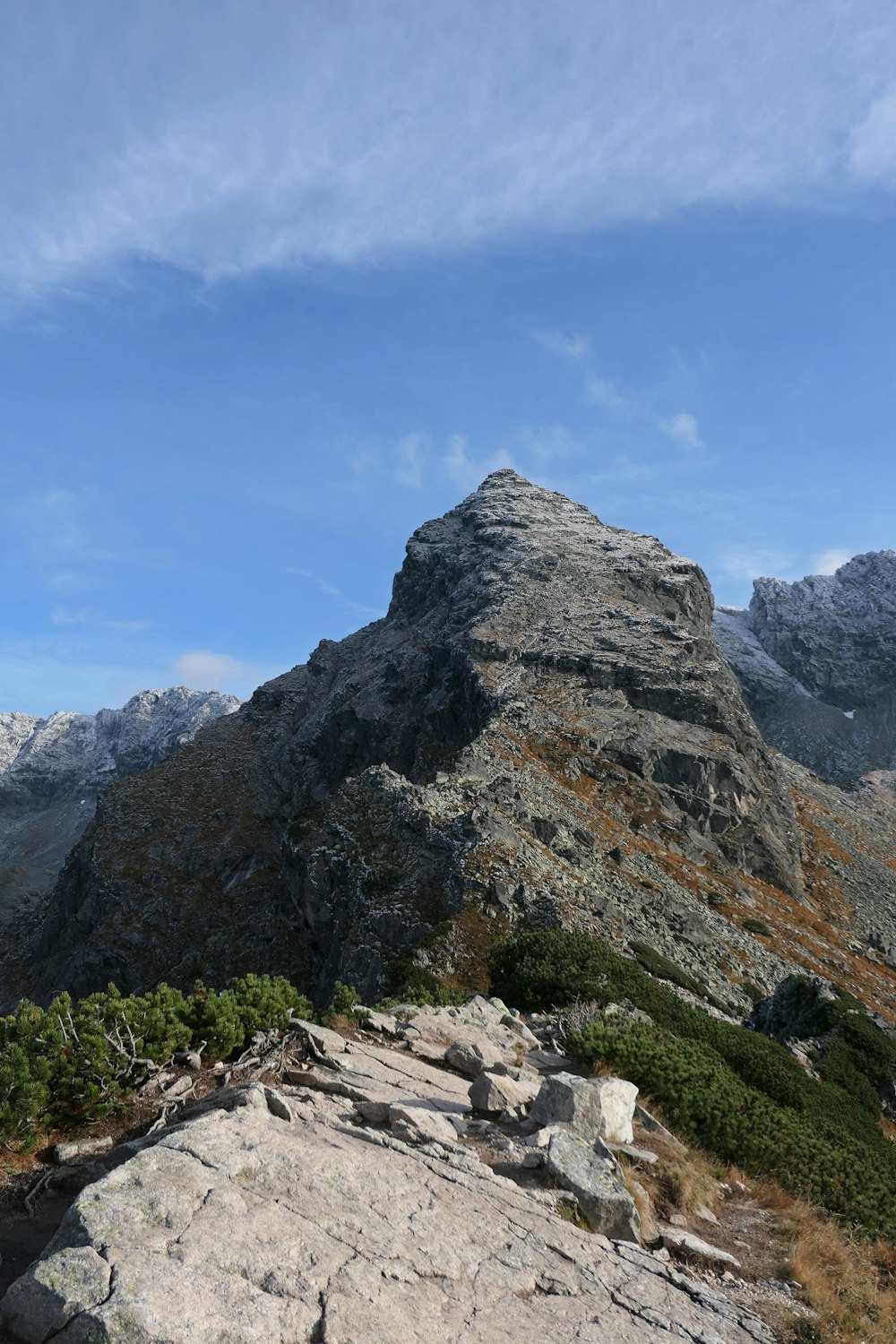 a mountain with some rocks and plants on it