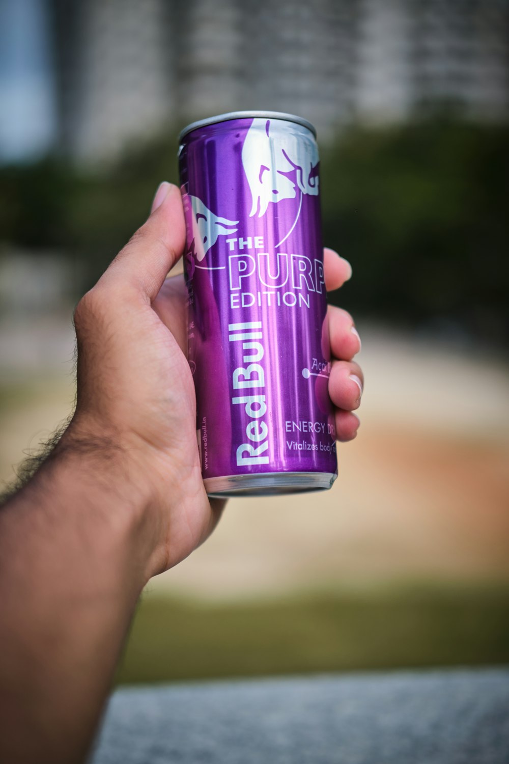 a hand holding a purple can of beer