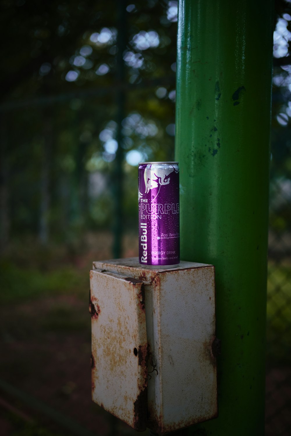 a can of beer sitting on top of a refrigerator