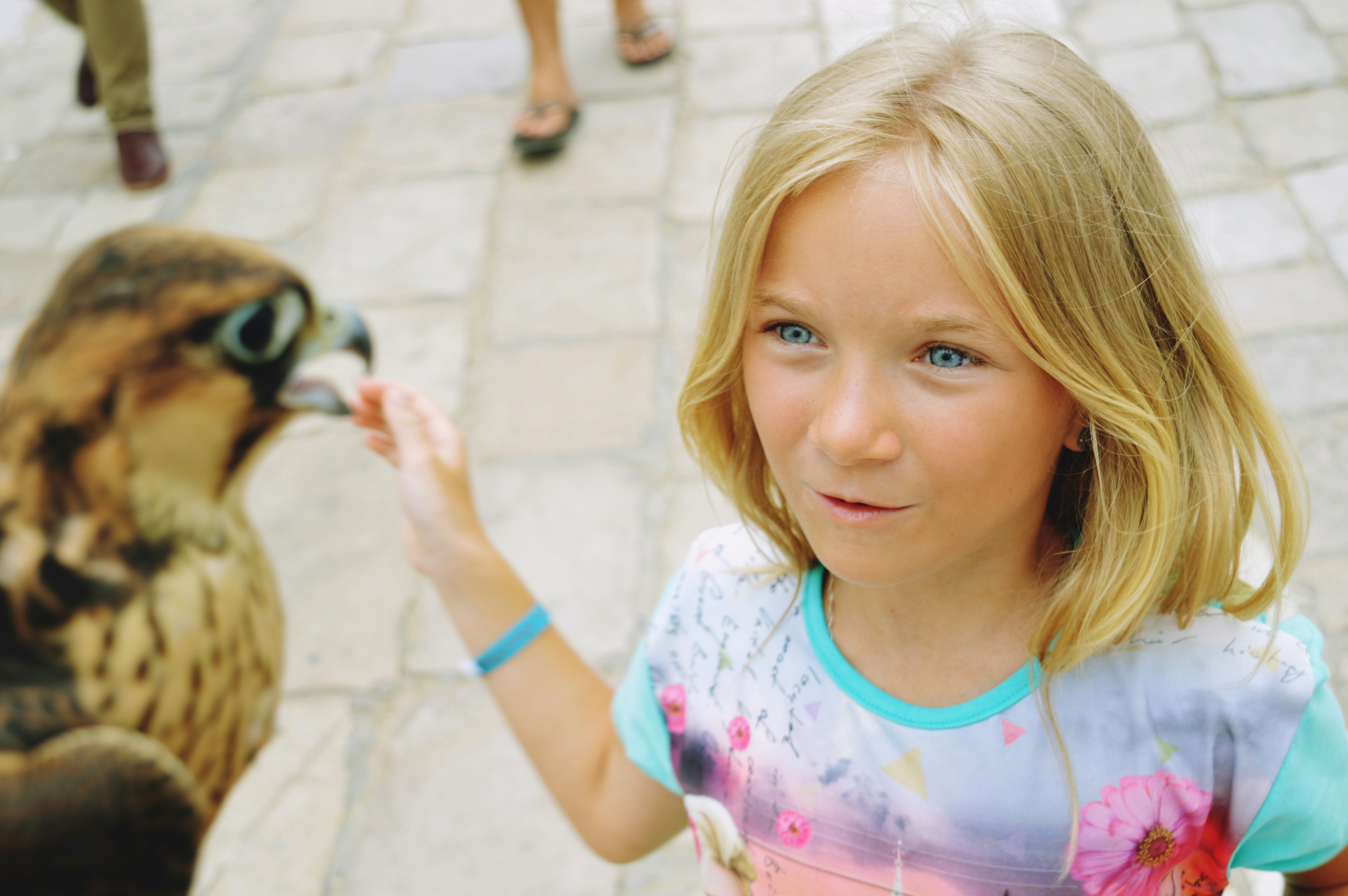 a little girl holding a bird of prey in her hand