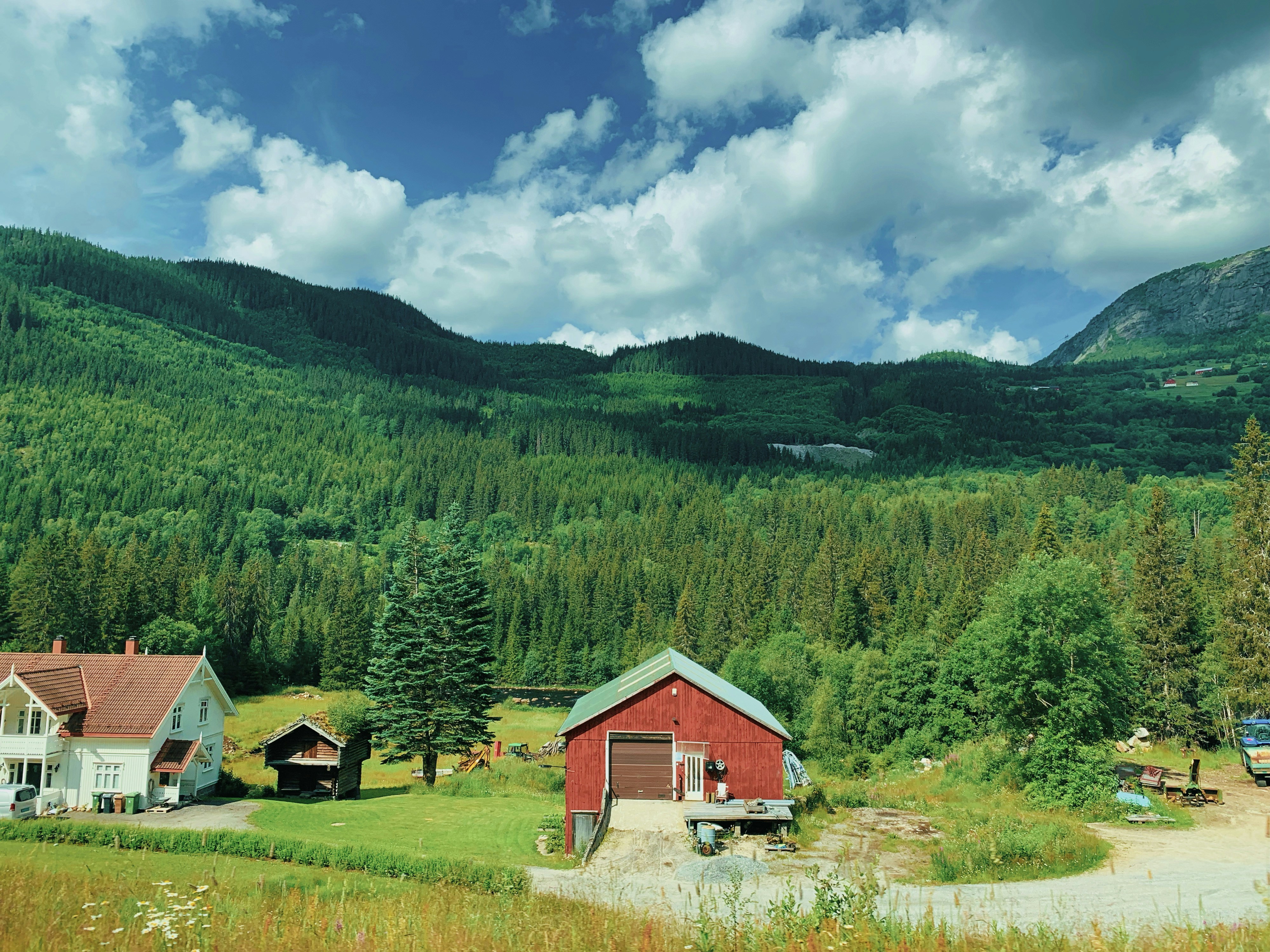 a red barn sitting in the middle of a lush green forest, A Norwegian village 