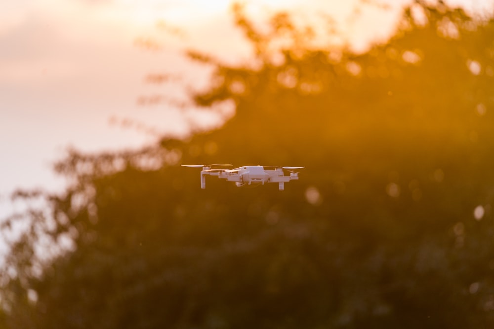 a small white airplane flying over a forest