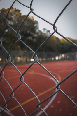 A wire mesh fence is in focus in the foreground, with a sports court featuring red surface and white boundary lines in the background. The scene is surrounded by trees, suggesting it is located outdoors in a park.