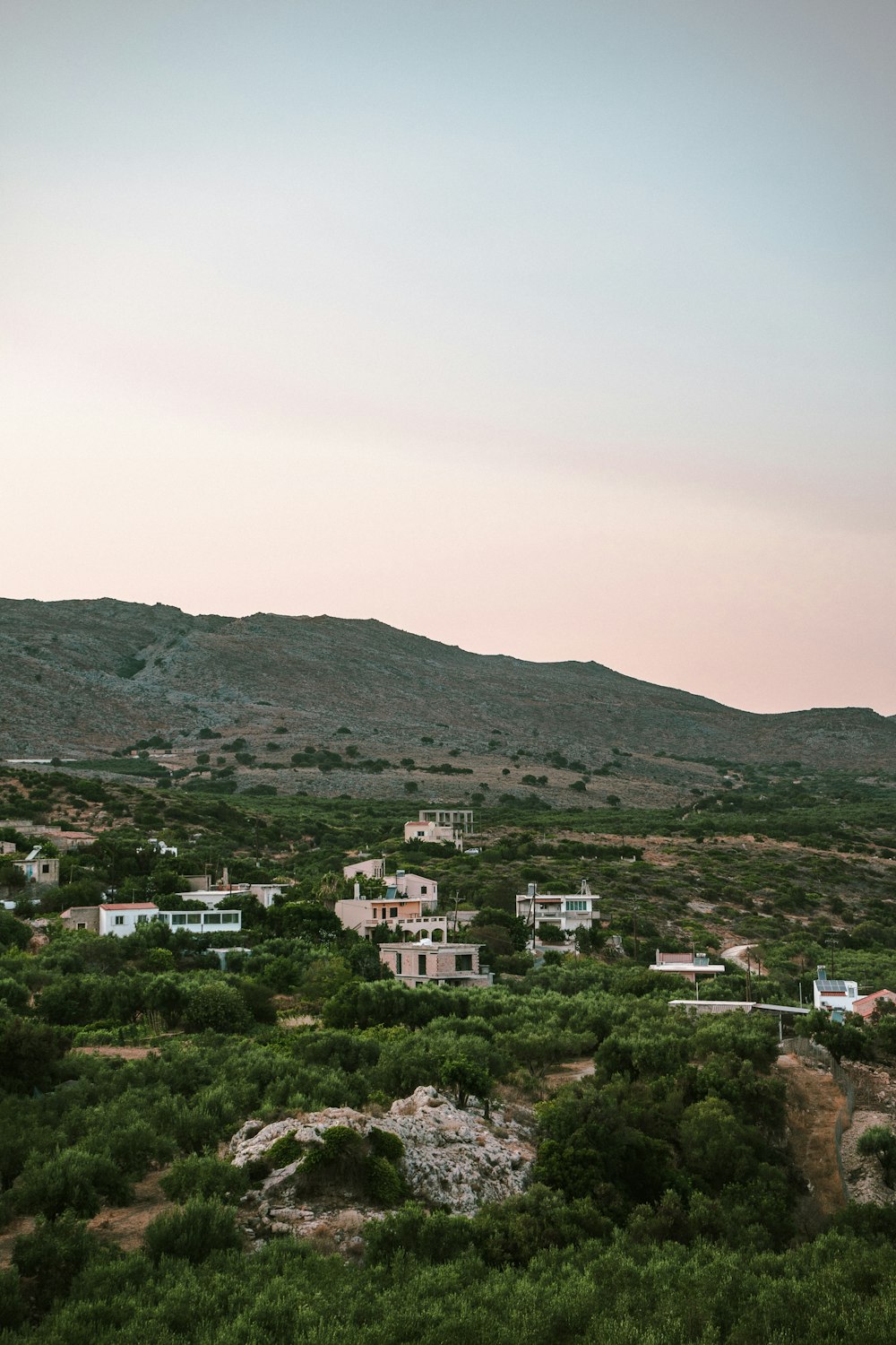 a view of a hillside with houses in the distance