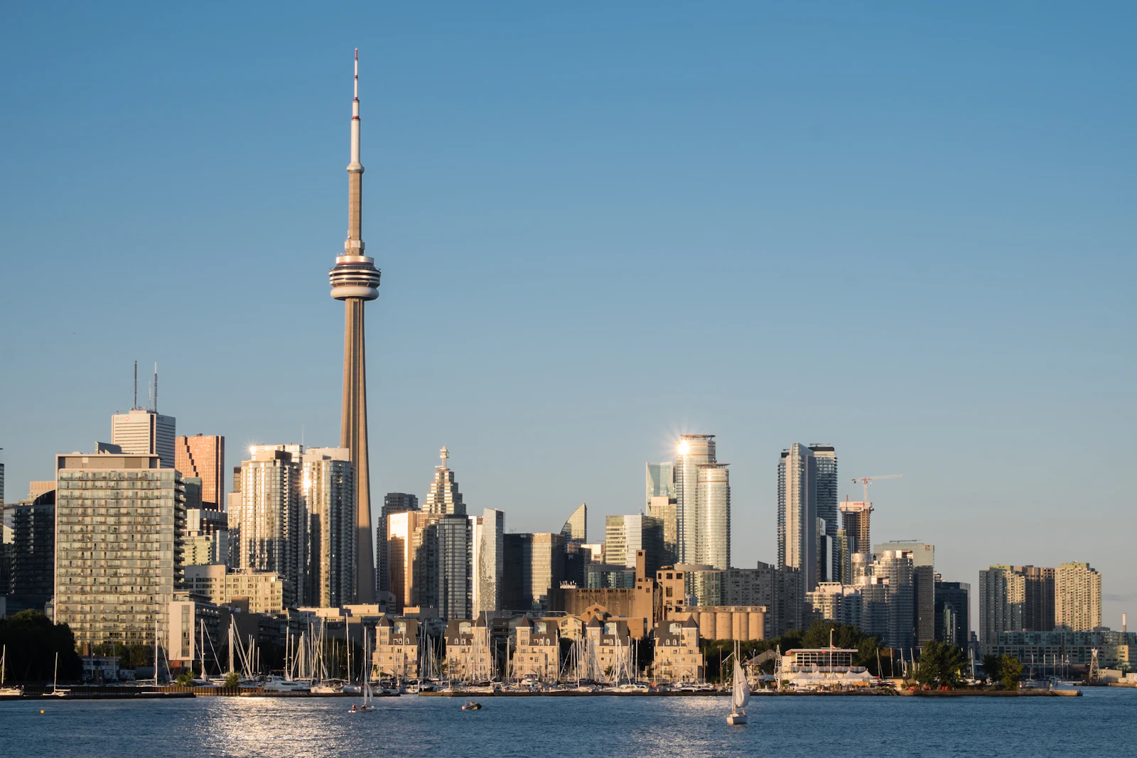 Toronto skyline at golden hour with CN Tower