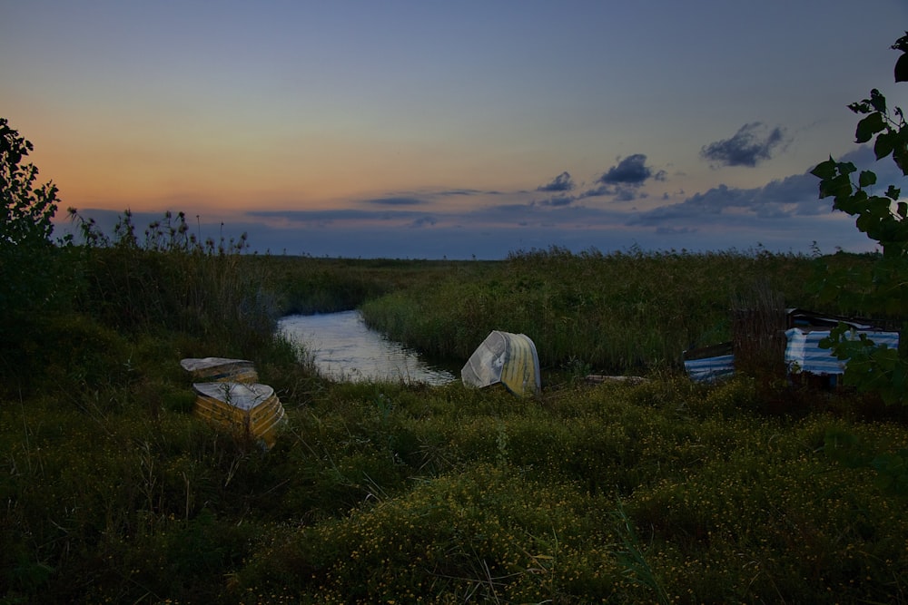 a grassy field with a body of water in the distance