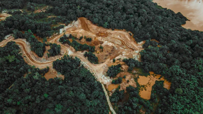 an aerial view of a dirt road in the middle of a forest