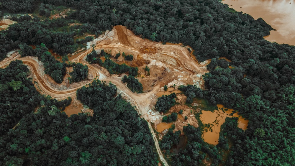 an aerial view of a dirt road in the middle of a forest