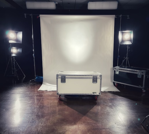A professional photo shoot setup featuring elegant lighting and a stylish backdrop.