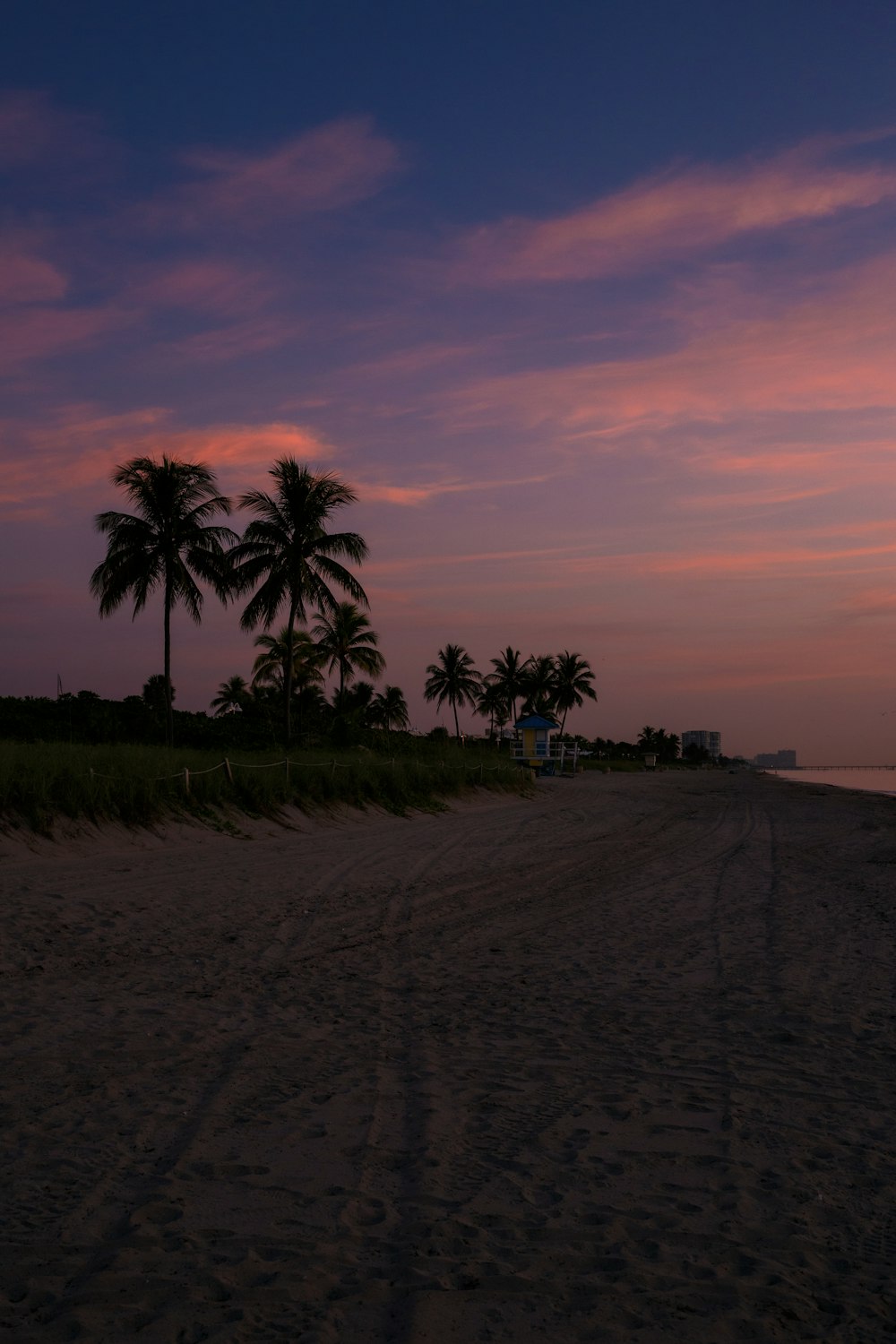 a sandy beach with palm trees and a sunset in the background