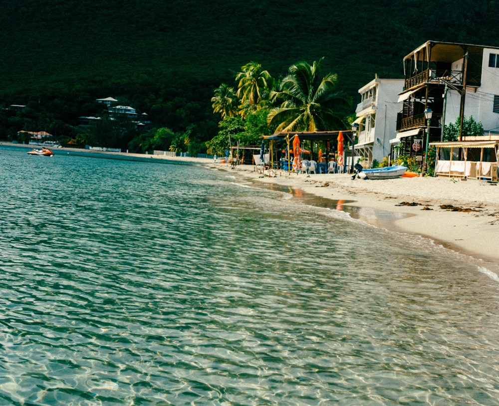 a body of water next to a sandy beach