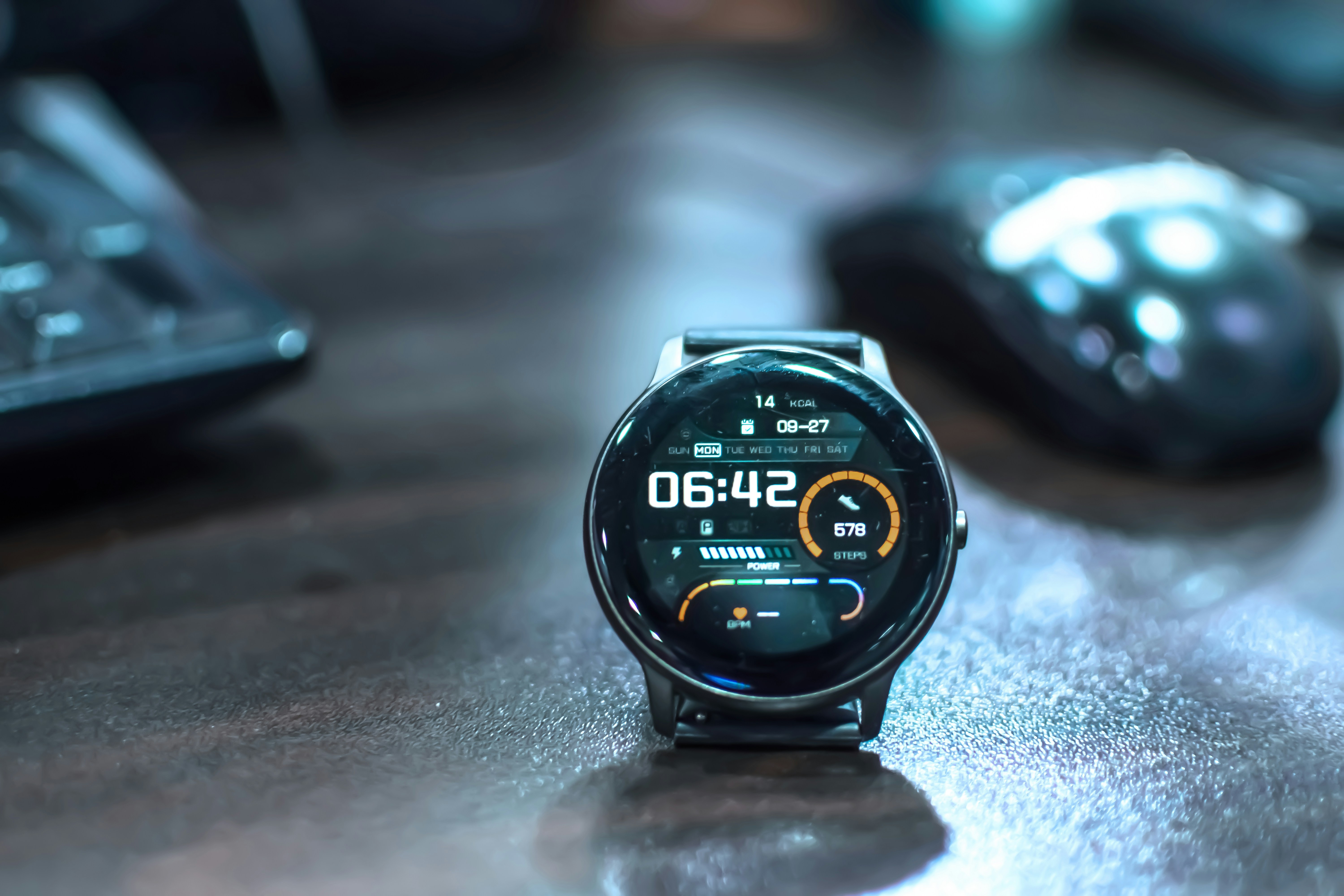 Close up of smartwatch with circular digital screen on wrist