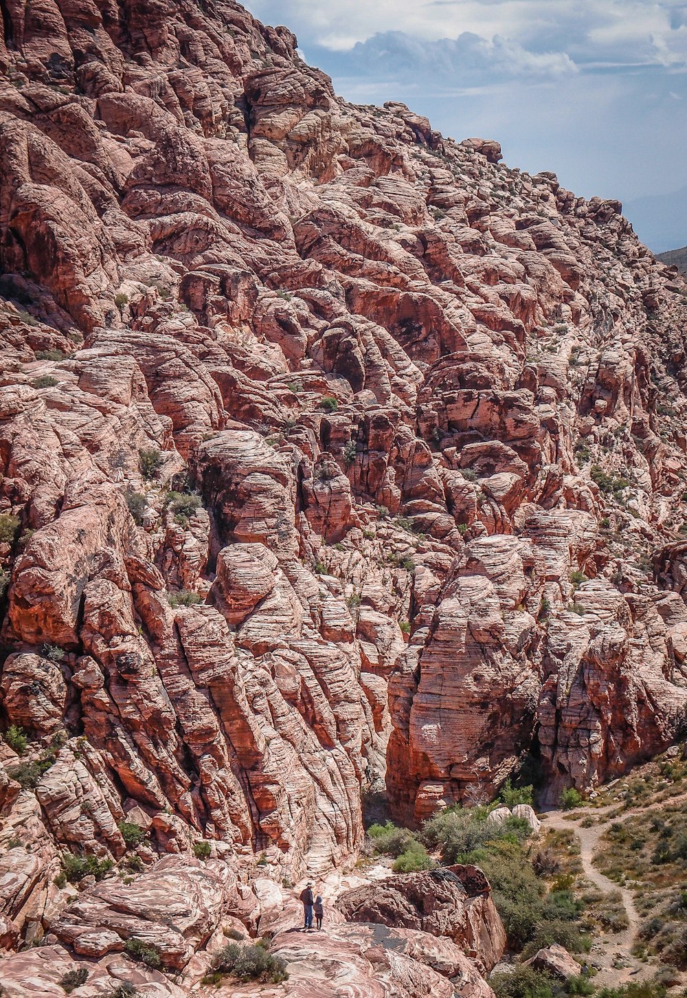 a person standing on a trail in the mountains