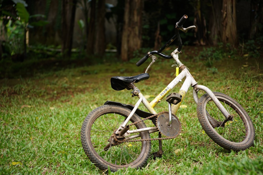 a bicycle is sitting in the grass in the woods