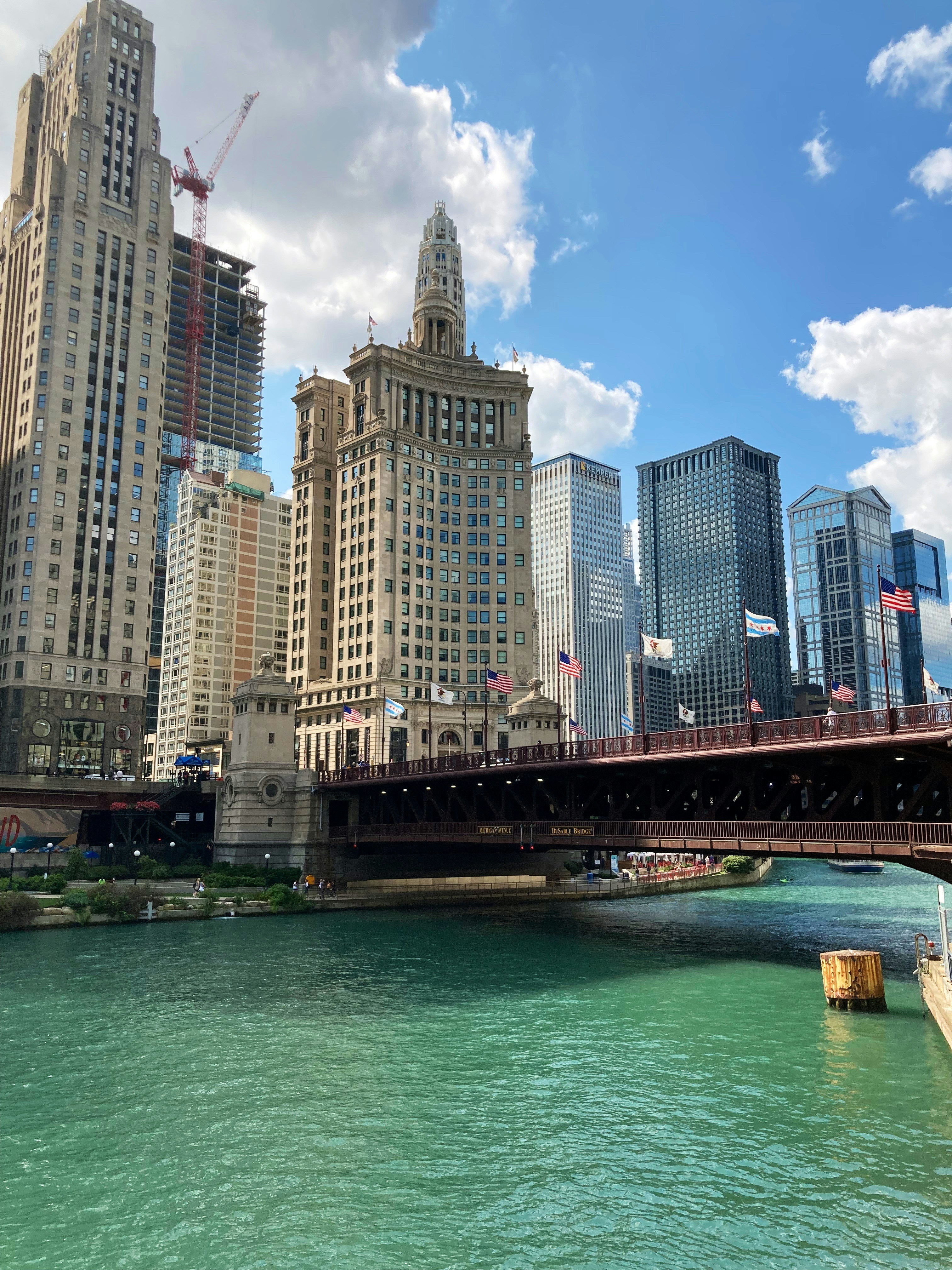 a bridge over a body of water with a city in the background
