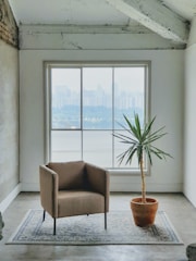 A minimalist interior features a single beige armchair on a patterned rug facing a large window. Outside, a distant view of a city skyline can be seen. A potted yucca plant stands beside the chair, complemented by a rough, industrial-style ceiling and walls.