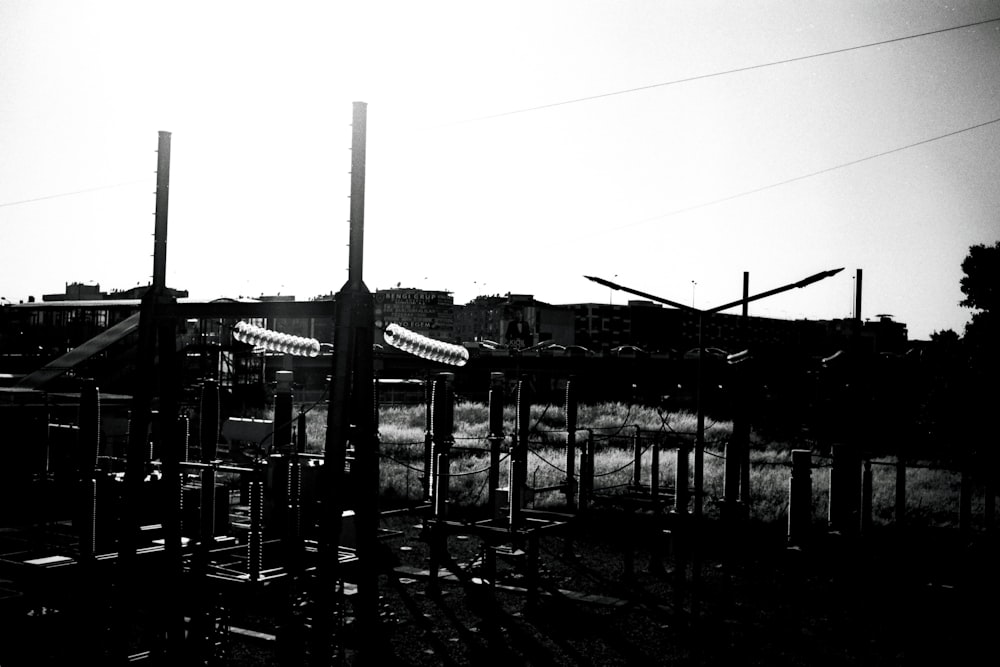 a black and white photo of a playground