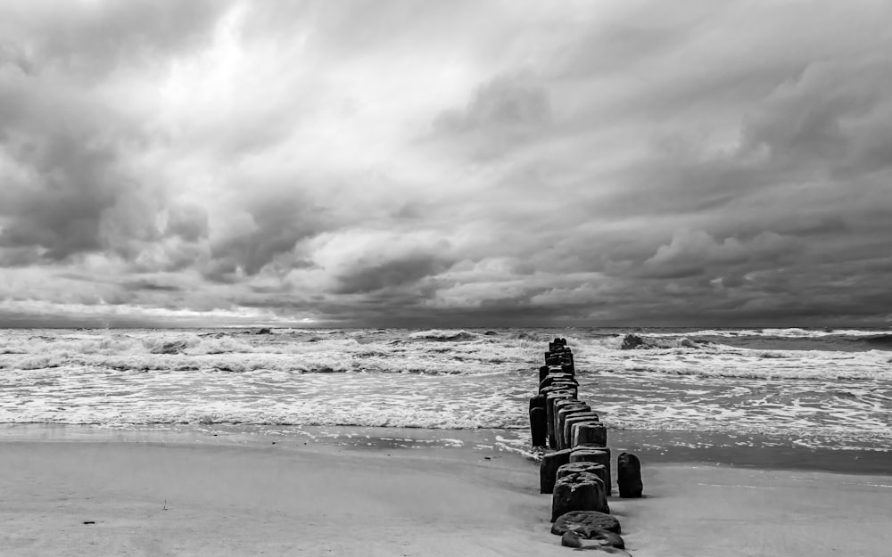 a black and white photo of a beach