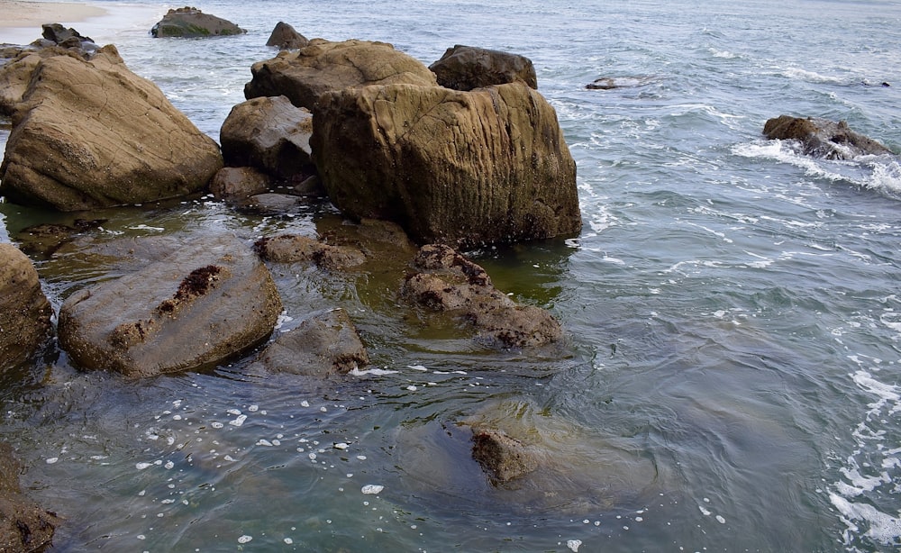 a group of rocks in the water near a beach