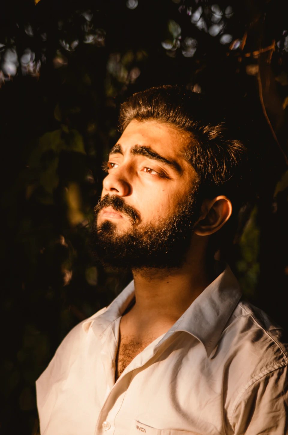 The image shows a young man with a beard and mustache, dressed in a white shirt, standing against a blurred background that appears to be a forest or garden setting. The man's gaze is directed off to the side, suggesting he may be lost in thought or observing something outside of the frame.