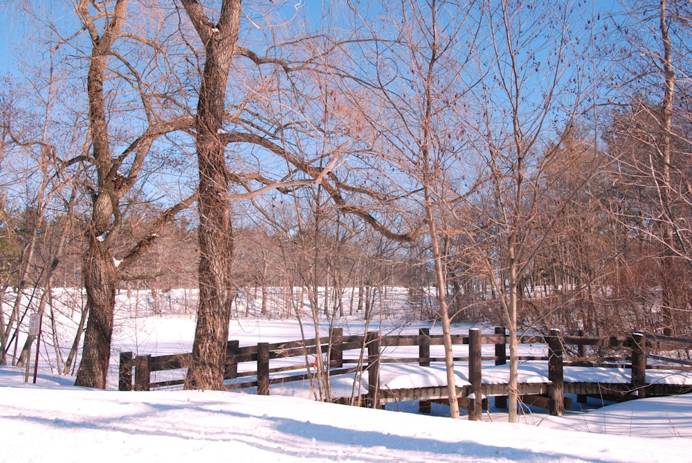 a snow covered field with a wooden bridge