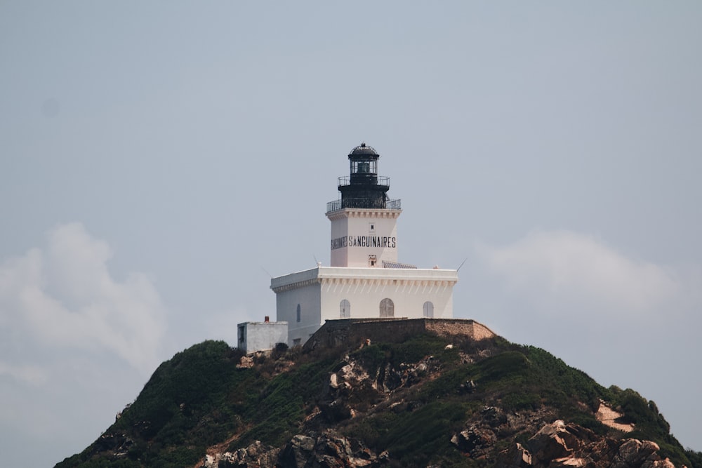 a white and black lighthouse on top of a hill