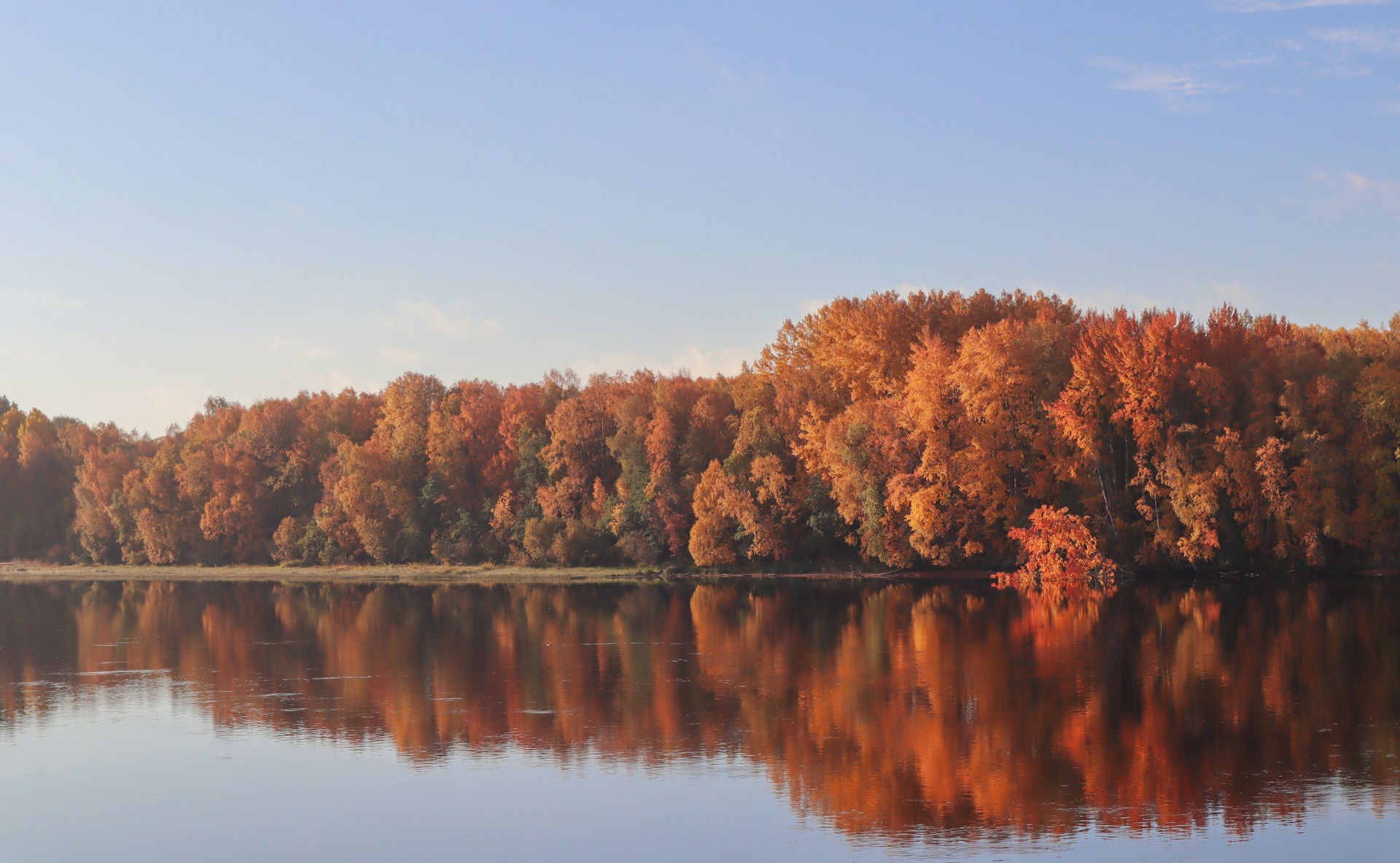 A serene lake reflecting vibrant autumn trees, their leaves a fiery mix of red, orange, and yellow.