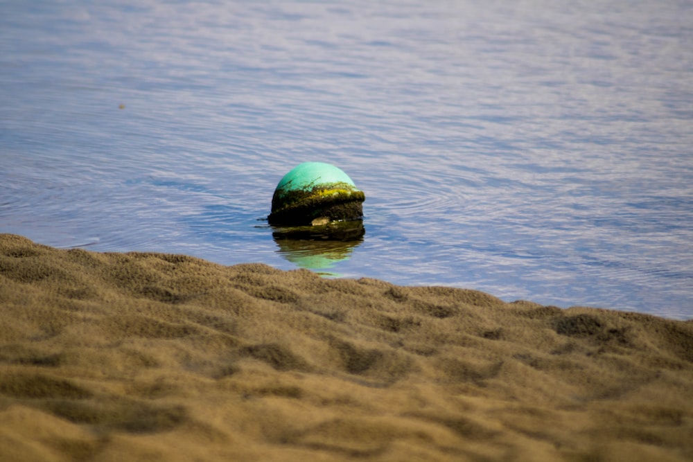 a green buoy sitting on top of a sandy beach
