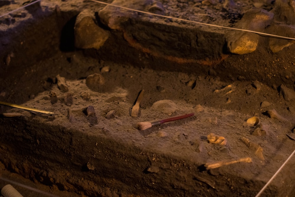 a close up of a dirt ground with tools