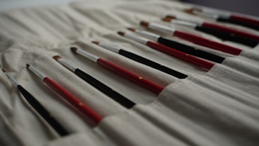 A set of paintbrushes neatly arranged in a fabric holder, showcasing a variety of sizes and colors. The brushes have red and black handles with metallic ferrules, lying against a soft, cream-colored fabric which provides a gentle backdrop.