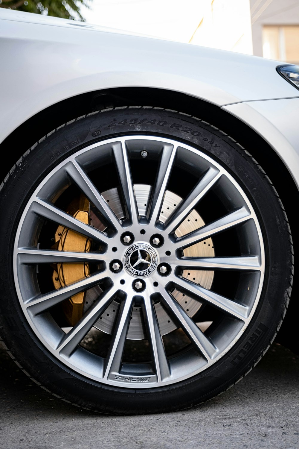 a close up of a wheel on a car