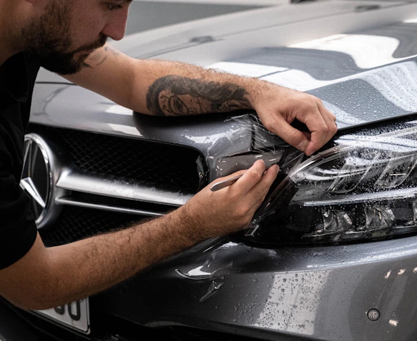 a man waxing the hood of a car