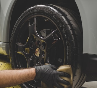 a man working on a tire on a car