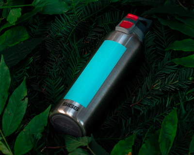 A sleek stainless steel water bottle glistening with morning dew beside a hiking path