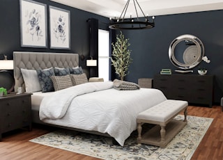 a bedroom with blue walls and a large bed