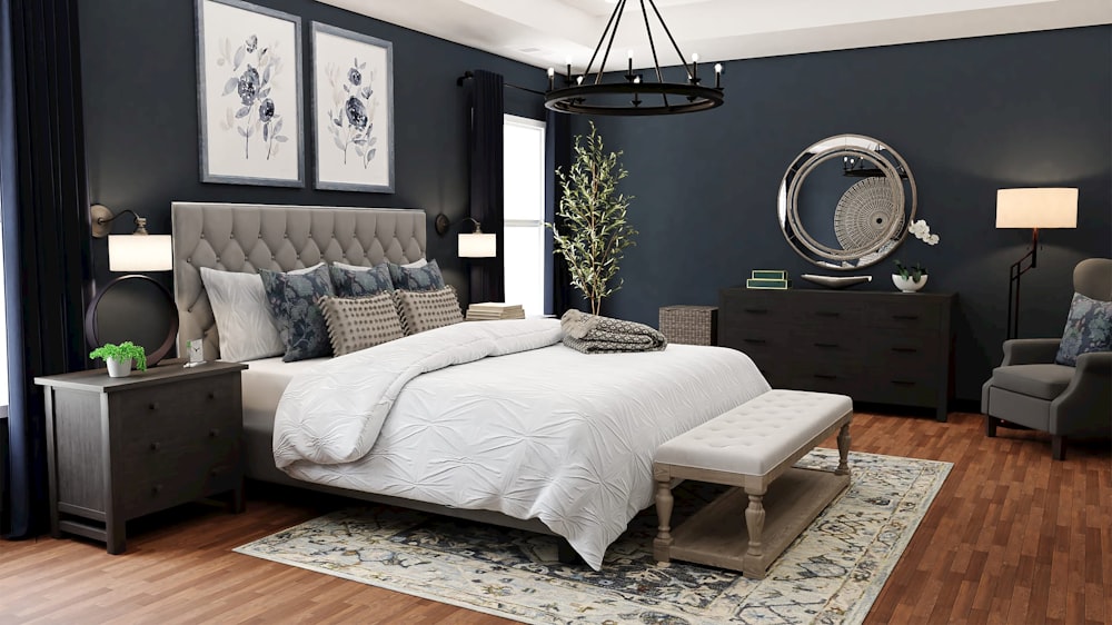 a bedroom with blue walls and a large bed