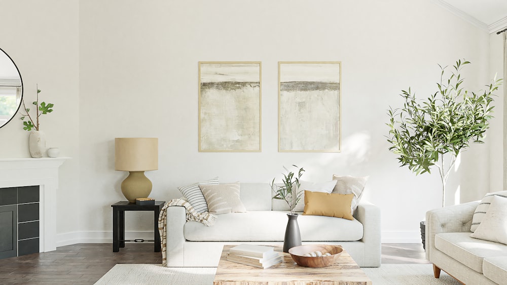 a living room filled with furniture and a fire place