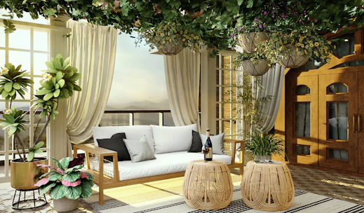 A cozy wicker sofa set on a sunlit patio surrounded by lush greenery