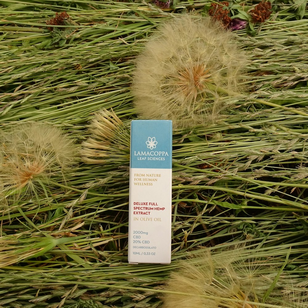 a tube of lotion sitting on top of a grass covered field