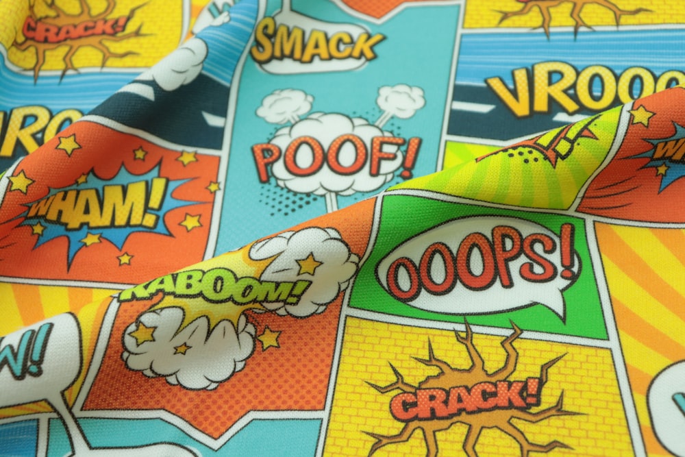 a close up of a comic book fabric