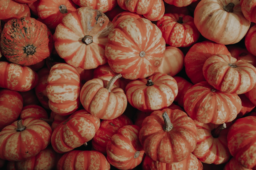 a pile of orange and white striped pumpkins